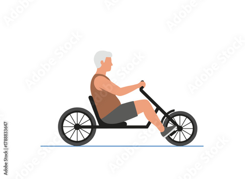 A male character with amputated legs, depicted in a flat vector illustration, uses a racing wheelchair for exercise or training, isolated against a white background, showcasing a man with a physical