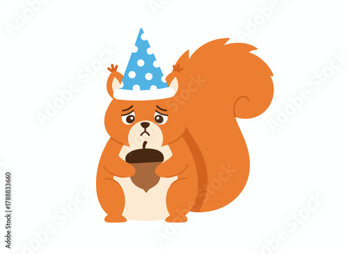 A childish character: a funny squirrel wearing a blue hat, a cute Scandinavian forest cub in clothes, depicted as a flat vector cartoon illustration on a white background