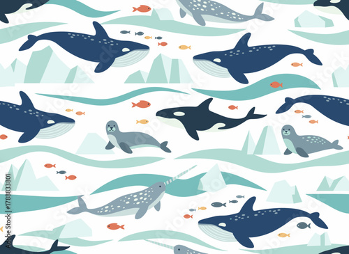 A continuous aquatic motif featuring sea creatures against an infinite backdrop, ideal for children’s repetitive underwater prints, crafted as a flat colored vector illustration for fabric