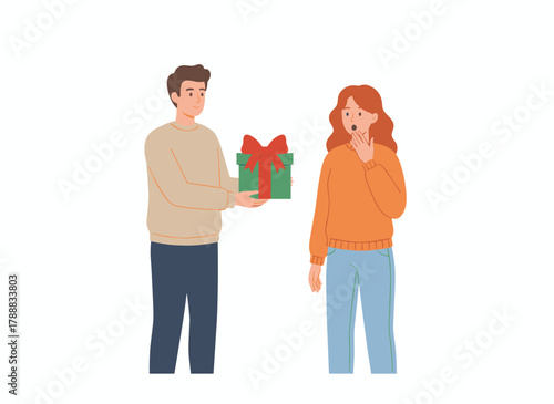 A cartoon man holding a gift box stands before a girl with closed eyes in a flat vector illustration, depicting a couple celebrating a holiday, birthday, or anniversary with a surprise set against a