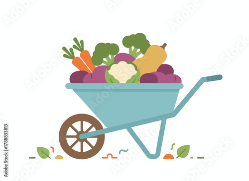 A flat vector illustration of a farm harvest in a wheelbarrow, featuring organic vegetables and natural fruits, with eco-friendly garden crops and food products piled in an agricultural cart against