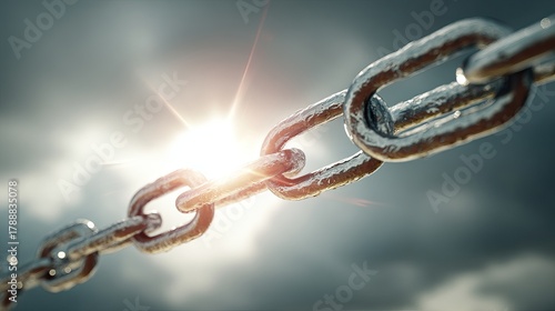 Strong metallic chain links gleam under dramatic sunlight, symbolizing connection, strength, and unbreakable bonds in a powerful visual metaphor.