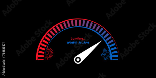 Colorful loading winter vector graphic with loading measure, snowflake, sun, indicator on black. Abstract winter holidays concept design to use for christmas card, winter sale, holiday greetings. 