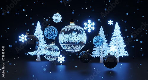 Enchanting winter wonderland with glowing blue and white christmas ornaments, sparkling snowflakes, and illuminated trees