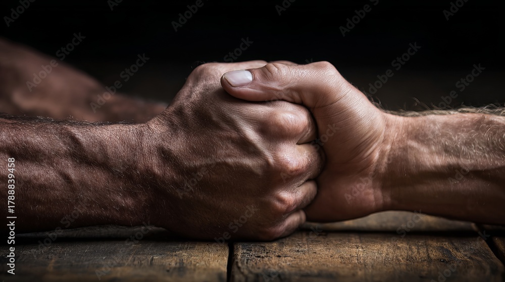 Fototapeta premium Two men's hands clasped tightly in a powerful handshake, symbolizing trust, partnership, and unwavering support on a dark background.