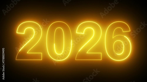 2026 New Year celebration, neon golden numbers