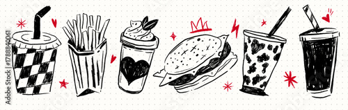 Punk doodle fast food set, hand drawn burgers, fries, drinks, and milkshake with red accents, grunge sketch illustration on dotted paper background for edgy collage and street art design