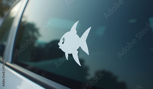 White Christian Fish sticker on car window with trees reflection