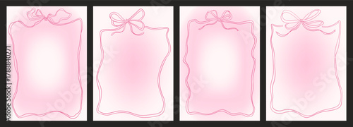 Coquette pink ribbon bow  frame set, soft gradient background, feminine pastel template for romantic cards, invitations, posters and cute stationery design.