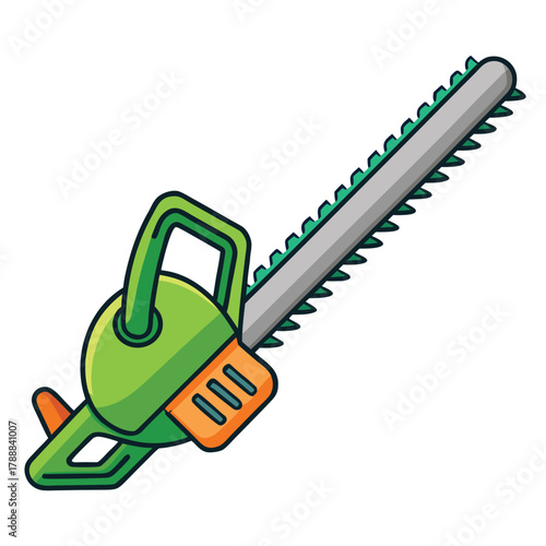 Green and Orange Chainsaw with Silver Blade Angled on White Background Keywords: chainsaw, tool, equipment