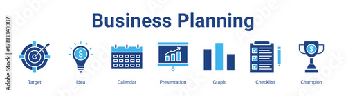 Business Planning web banner icon vector illustration concept featuring Target, Idea, Calendar, Presentation, Graph, Checklist and Champion in a collection set.