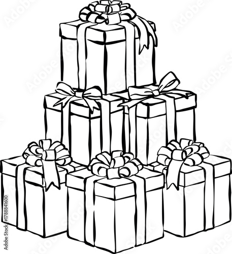 Torre de cajas de regalo con moño. Dibujo a mano de cajas de regalos ideal para invitaciones, tarjetas, marketing. Garabato minimalista. 