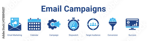 Email Campaigns web banner icon vector illustration concept featuring Email Marketing, Calendar, Campaign, Stopwatch, Target Audience, Conversion and Success in a collection set.