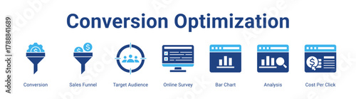 Conversion Optimization web banner icon vector illustration concept featuring Conversion, Sales Funnel, Target Audience, Online Survey, Bar Chart, Analysis and Cost Per Click in a collection set.