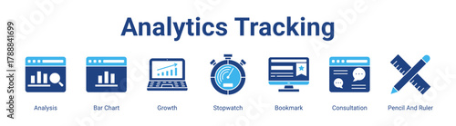 Analytics Tracking web banner icon vector illustration concept featuring Analysis, Bar Chart, Growth, Stopwatch, Bookmark, Consultation and Pencil And Ruler in a collection set.