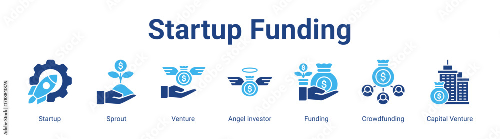 Fototapeta premium Startup Funding web banner icon vector illustration concept featuring Startup, Sprout, Venture, Angel investor, Funding, Crowdfunding and Capital Venture in a collection set.