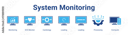 System Monitoring web banner icon vector illustration concept featuring Monitoring, ECG Monitor, Cardiology, Loading, Loading, Processing and Computer in a collection set.