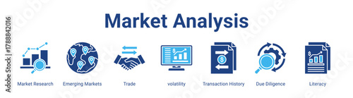 Market Analysis web banner icon vector illustration concept featuring Market Research, Emerging Markets, Trade, volatility, Transaction History, Due Diligence and Literacy in a collection set.
