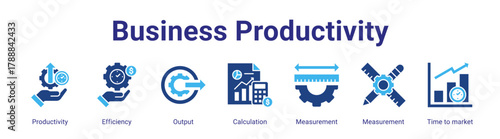 Business Productivity web banner icon vector illustration concept featuring Productivity, Efficiency, Output, Calculation, Measurement, Measurement and Time to market in a collection set.