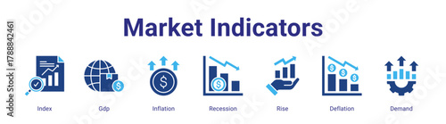 Market Indicators web banner icon vector illustration concept featuring Index, Gdp, Inflation, Recession, Rise, Deflation and Demand in a collection set.