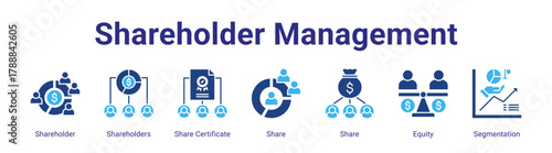 Shareholder Management web banner icon vector illustration concept featuring Shareholder,Shareholders,Share Certificate,Share,Share,Equity and Segmentation in a collection set.