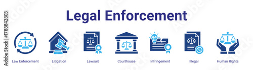 Legal Enforcement web banner icon vector illustration concept featuring Law Enforcement,Litigation,Lawsuit,Courthouse,Infringement,Illegal and Human Rights in a collection set.