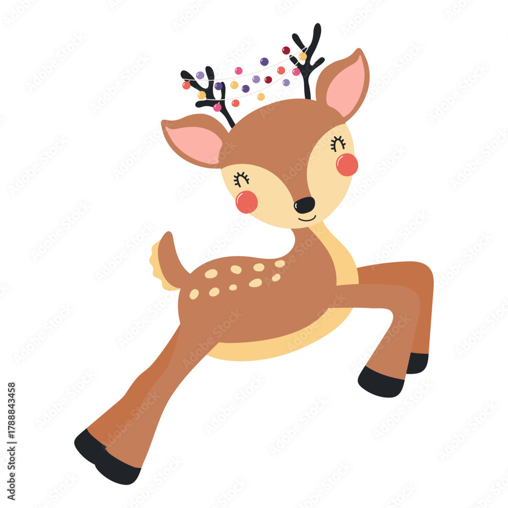 Obraz premium Jumping reindeer isolated on transparent. Hand drawn flat vector illustration. Cute cartoon character. Traditional Christmas, New Year design element, clip art