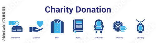 Charity Donation web banner icon vector illustration concept featuring Donation,Charity,Shirt,Book,Armchair,Dishes and Jewelry in a collection set.