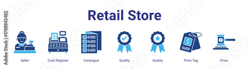Retail Store web banner icon vector illustration concept featuring Seller,Cash Register,Catalogue,Quality,Quality,Price Tag and Price in a collection set.