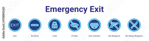 Emergency Exit web banner icon vector illustration concept featuring Exit,No Entry,Lock,Private,Cctv Camera,No Weapons and No Sharp Weapons in a collection set.