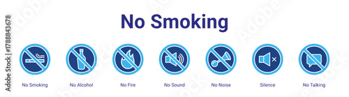 No Smoking web banner icon vector illustration concept featuring No Smoking,No Alcohol,No Fire,No Sound,No Noise,Silence and No Talking in a collection set.