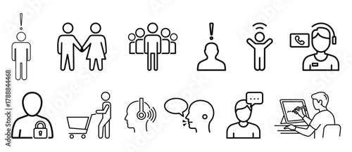 Collection of simple line art icons representing people and social interactions