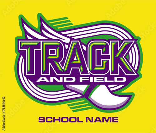 track and field team design with winged foot for school, college or league sports