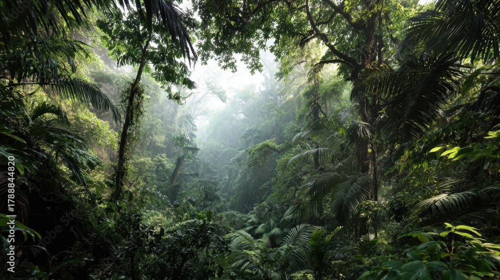 Obraz premium Thick greenery covers the forest floor while mist gently rises in the warm morning light.