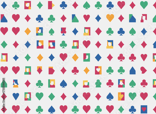 A seamless vector pattern of cartoon playing cards in flat editorial style, featuring clubs, hearts, diamonds, and spades on a white background, designed for colorful poker and casino games