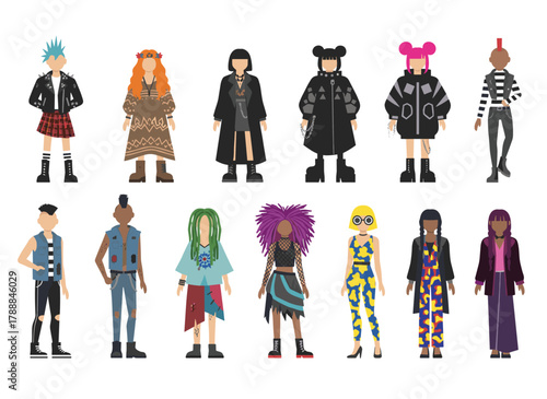 A collection of people in devil costumes, featuring attractive men and women in carnival outfits with demon horns for a Halloween masquerade party, presented as flat graphic vector illustrations on a