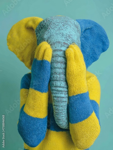 Elephant dressed in yellow and blue sock