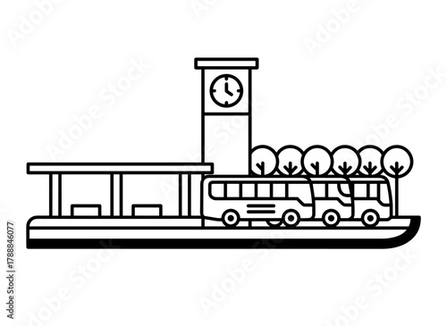 Flat-style illustration of a bus terminal station in line art