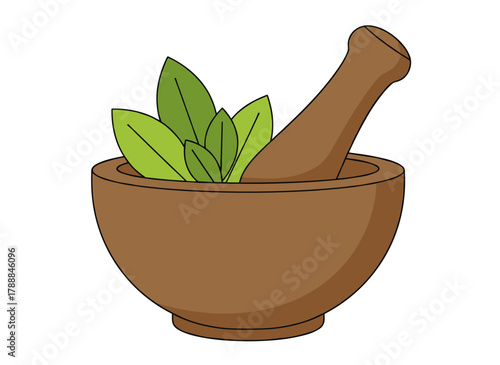 A flat vector illustration of a mortar and pestle containing rosemary, grinding herbal spice and seasoning with pistil, depicted as a natural aromatic condiment and cooking ingredient on a white
