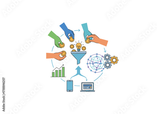 Crowdfunding: a colorful flat vector illustration in line art