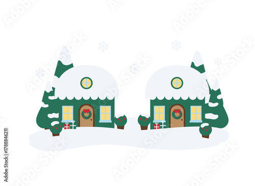 Town building exteriors are adorned with festive Christmas decorations, while European city houses showcase traditional Xmas ornaments on their facades, presented as a flat graphic vector