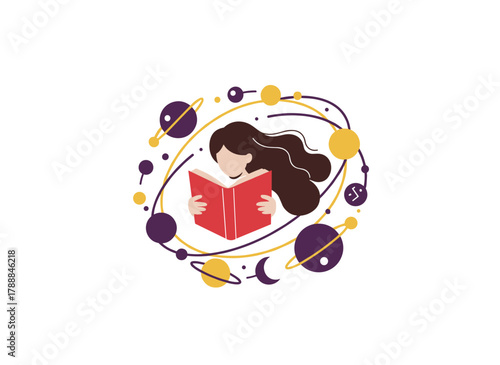 A woman reads a book about space, the universe, and astronomy, letting her imagination and fantasy explore educational concepts as she dreams of the cosmos and planets, depicted in a flat vector