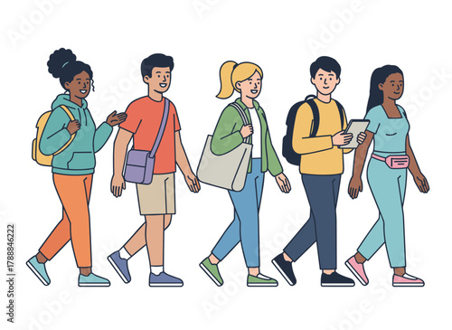 A flat vector illustration shows people outdoors, including young adults and children on the street, a woman with a phone, a walking man, and kids, all set against a white background
