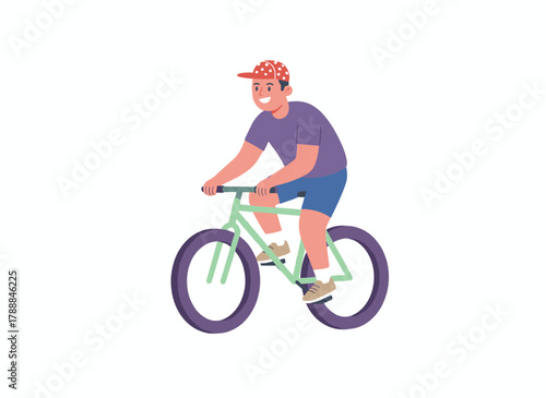A cyclist wearing a helmet rides a mountain bike, engaging in fast-paced cycling, depicted as a flat vector illustration on a white background