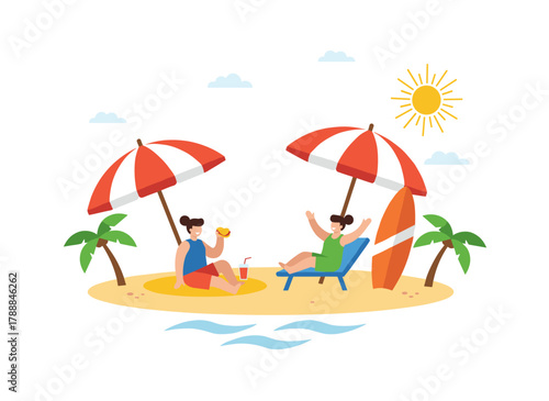 A flat cartoon illustration of a group of young men in beachwear, lying, sitting, or standing beside sunloungers with umbrellas, relaxing and sunbathing on the beach