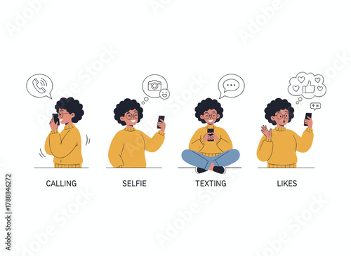 A trendy young woman with a smartphone, portrayed as a hipster girl texting, talking, taking selfies, and reading messages, illustrated as a colorful cartoon character