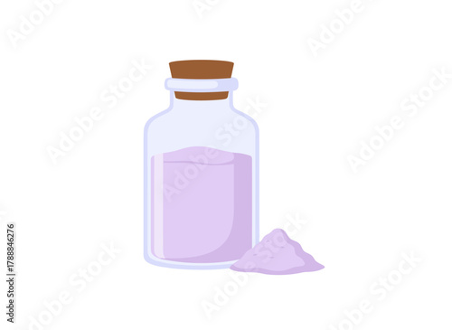 A glass bottle filled with fragrant bath salt and a pile of crystal powder, an organic cosmetic item scented with lavender for spa and beauty, depicted as a colored flat vector illustration against a
