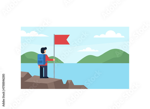 A web banner template featuring a backpacker, hiker, traveler, or explorer with a text area, showcasing hiking, backpacking, trekking, adventure tourism, and travel, rendered in modern flat vector