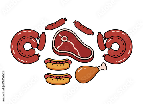 Flat vector illustrations of raw meat products, a fresh assortment from a butchery shop, isolated cliparts of pork slices and beef steaks on a white background, and a collection of sausage and