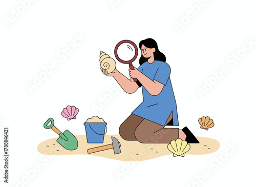 A flat vector illustration of archaeology and antique searching, featuring archaeological and geological digs, scientific research, and coastal exploration, with a female archaeologist studying a